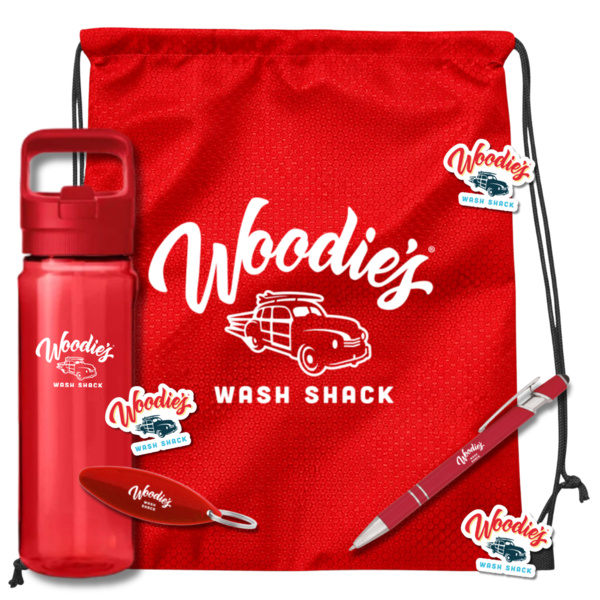 Woodie’s Wash Shack New Hire Kit – Custom Drawstring Bag with Bottle, Stickers & Accessories Thumbnail
